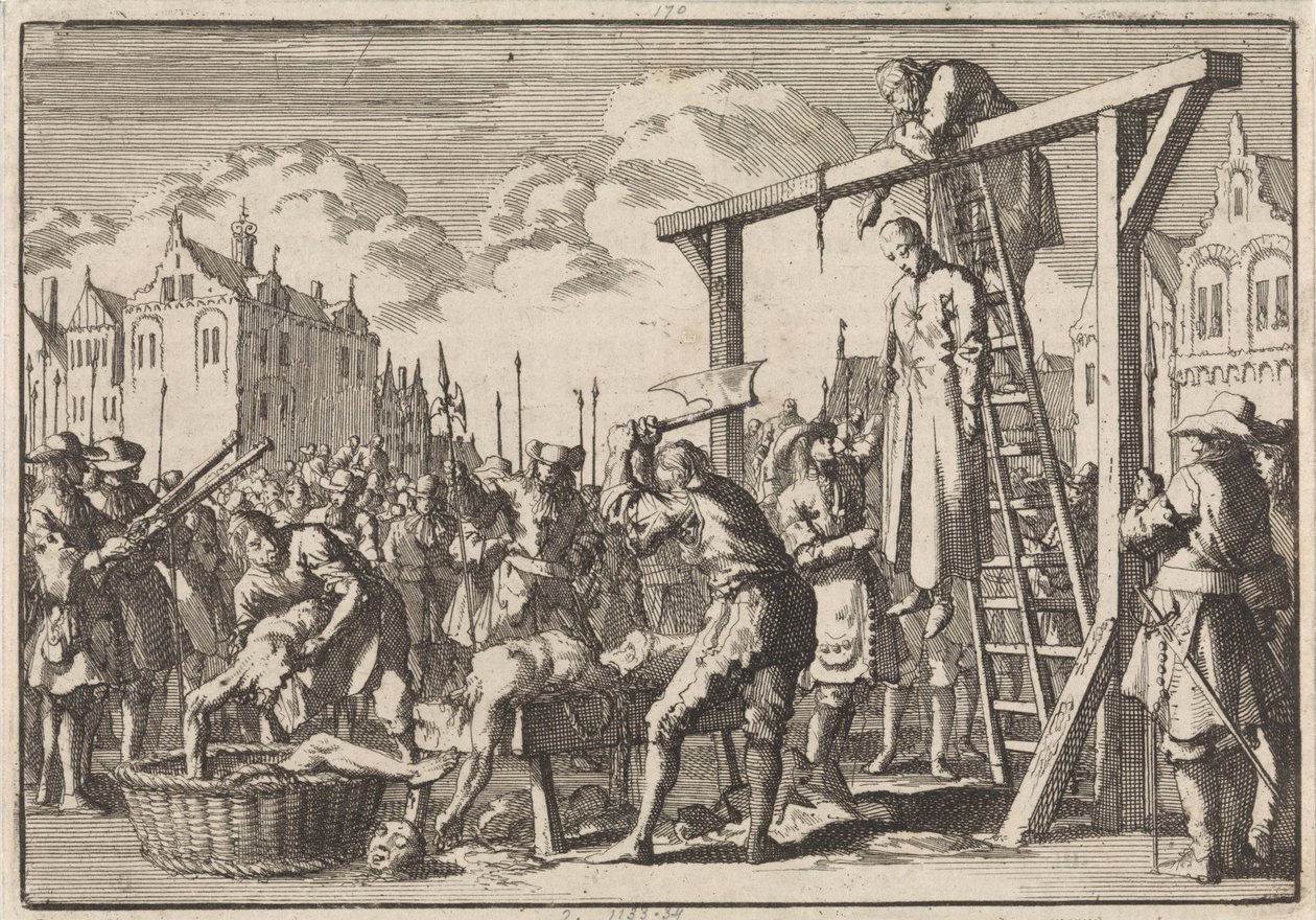 W Londynie jezuita William Ireland zostaje powieszony, a John Grove zakwaterowany za zamierzone królobójstwo, 1679 autorstwa Jan Luyken
