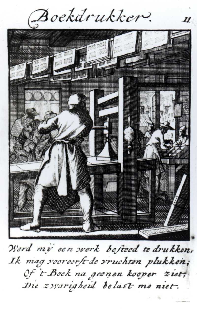 The Book Printer, z książki handlowej „Coś dla wszystkich” Abrahama van St. Clary, 1736 (rycina) autorstwa Jan Luyken