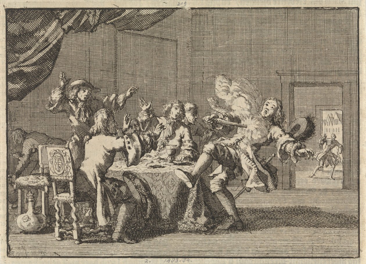 Thomas Tullock, zwolennik króla Jakuba II w Szkocji, zostaje zabity przez nieoczekiwany strzał z pistoletu, 1690 autorstwa Jan Luyken