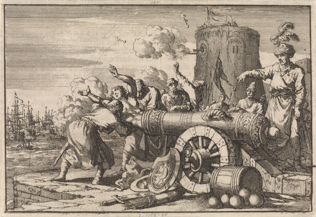 Podczas francuskiego bombardowania Algieru francuski konsul zostaje załadowany do armaty przez Algierczyków i zabity, 1683 autorstwa Jan Luyken