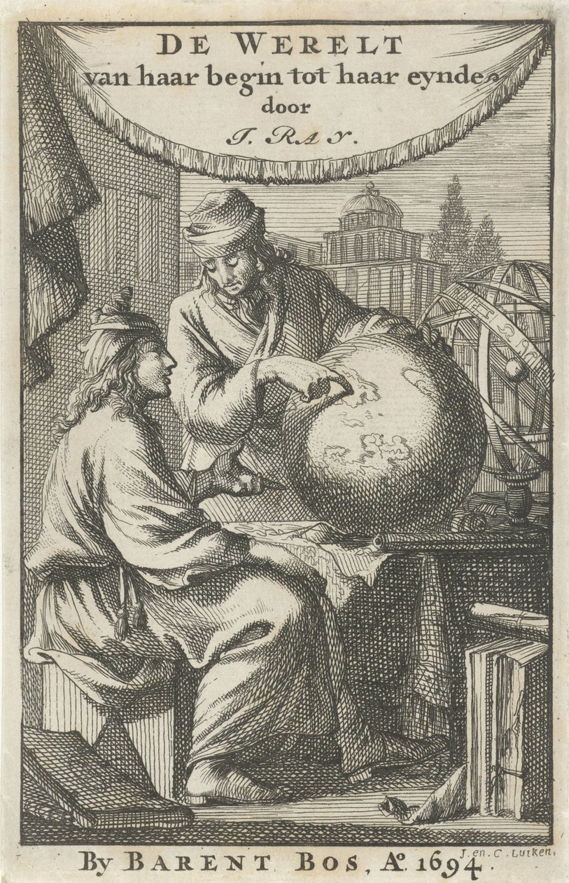 Dwóch mężczyzn studiuje kulę ziemską Strona tytułowa dla: J. Ray, Świat od jej początku do końca, 1694 autorstwa Jan Luyken