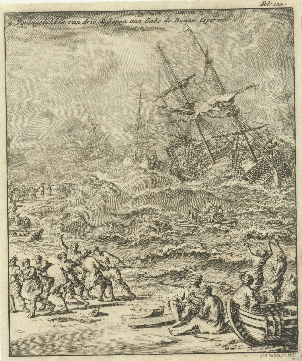 Wrak statku na Przylądku Dobrej Nadziei, 1693 Rozbicie trzech statków w Cabo de Bonne Esperance (tytuł na obiekcie) autorstwa Jan Luyken