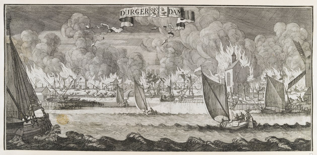 Widok wsi Durgerdam pod Amsterdamem podczas pożaru w 1687 r. (rycina) autorstwa Jan Luyken