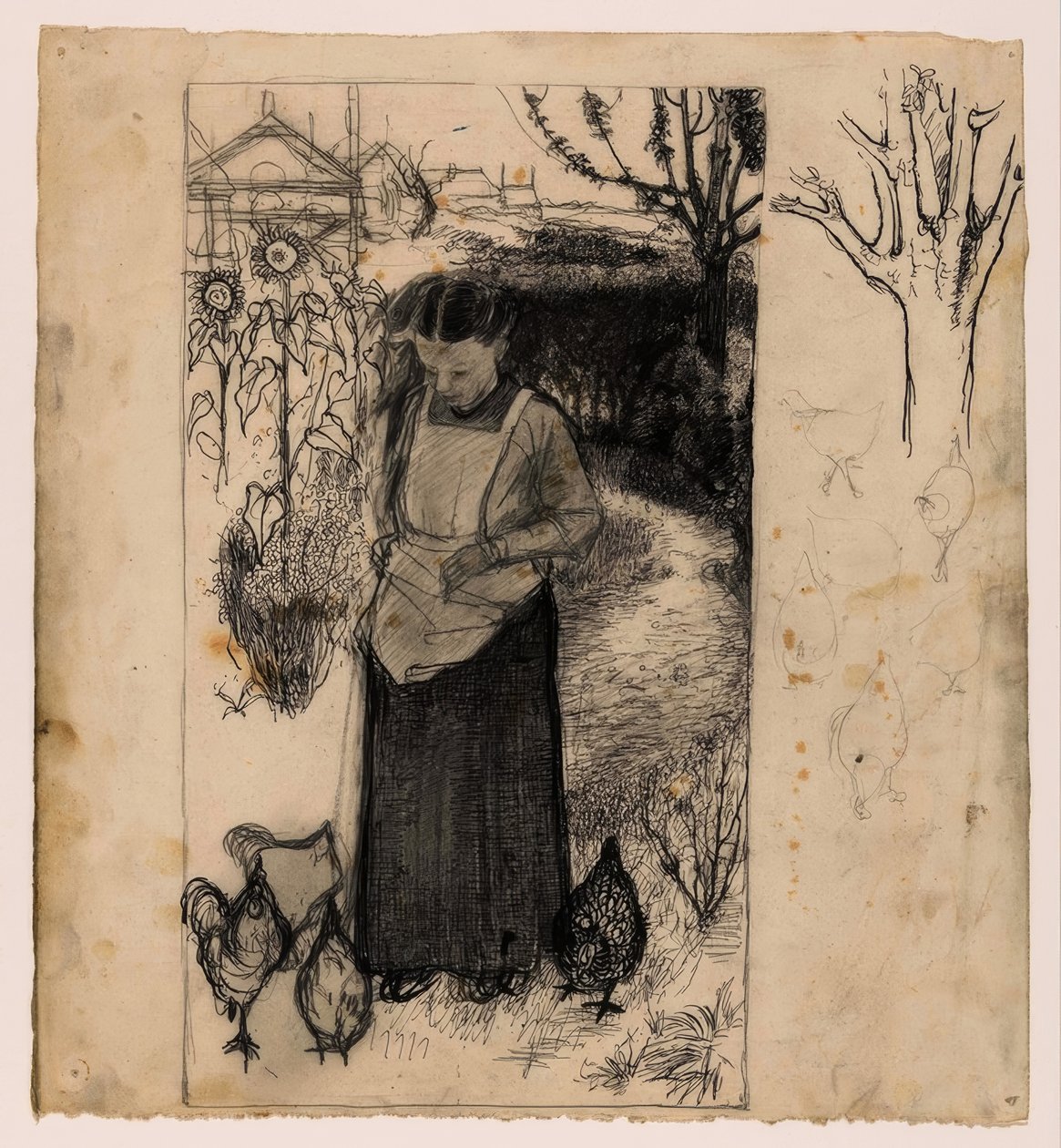 Annie Mankes-Zernike karmiąca kurczaki, po prawej: badania drzewa i kurczaków autorstwa Jan Mankes