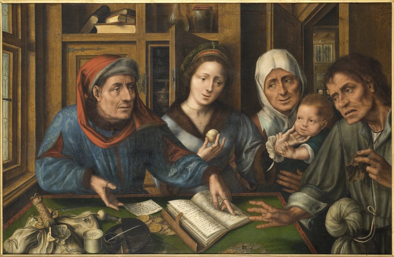 Płatność dziesięciny (poborcy podatkowego) - Dziesięcina, Massys (Matsys), Jan (1510-1575). olej na drewnie autorstwa Jan Massys