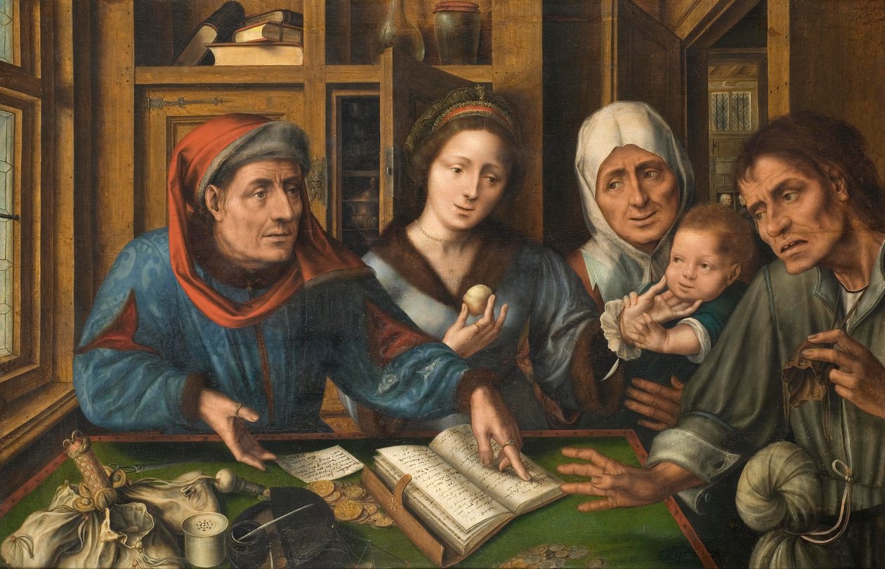 Biuro syndyka czynszowego, 1514 (olej na płótnie przeniesiony z drewna) autorstwa Jan Massys or Metsys