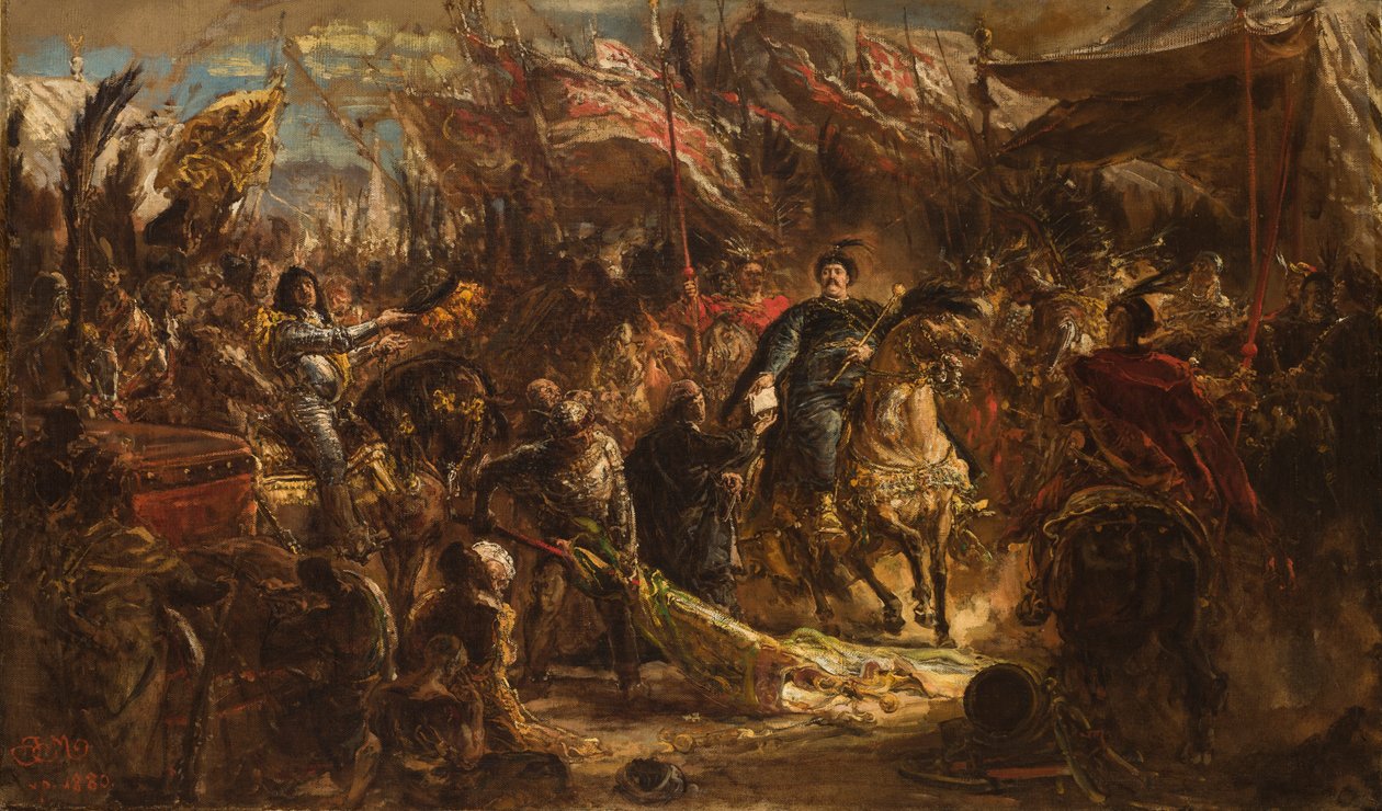 Jan III Sobieski wręcza kanonikowi Denhoffowi list do papieża z wiadomością o zwycięstwie nad Turkami pod Wiedniem w r. 1683 autorstwa Jan Matejko