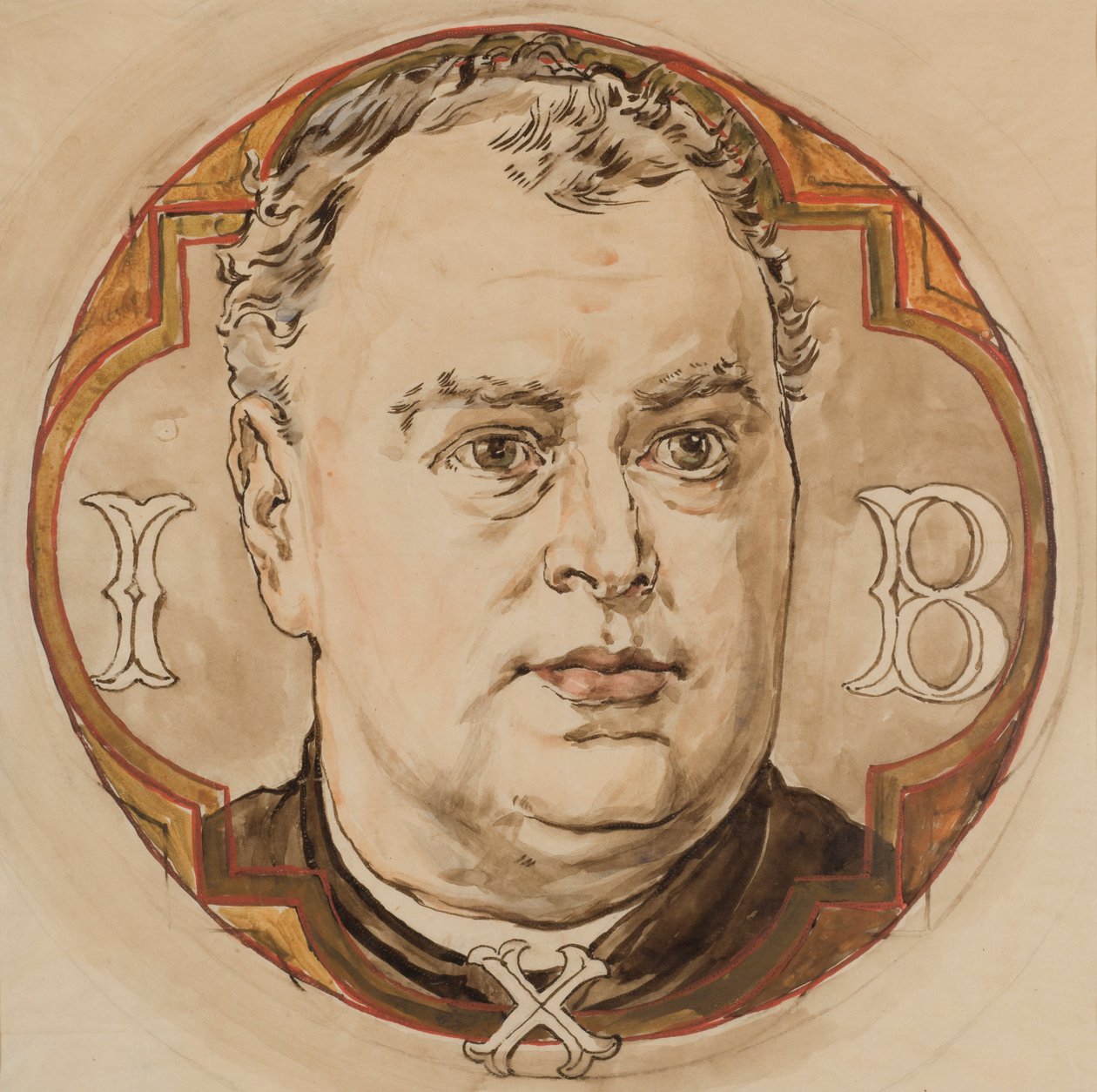 Karton do polichromii Kościoła Mariackiego - głowa męska i litery „I, B, X” (ks. Jan Bukowski) autorstwa Jan Matejko