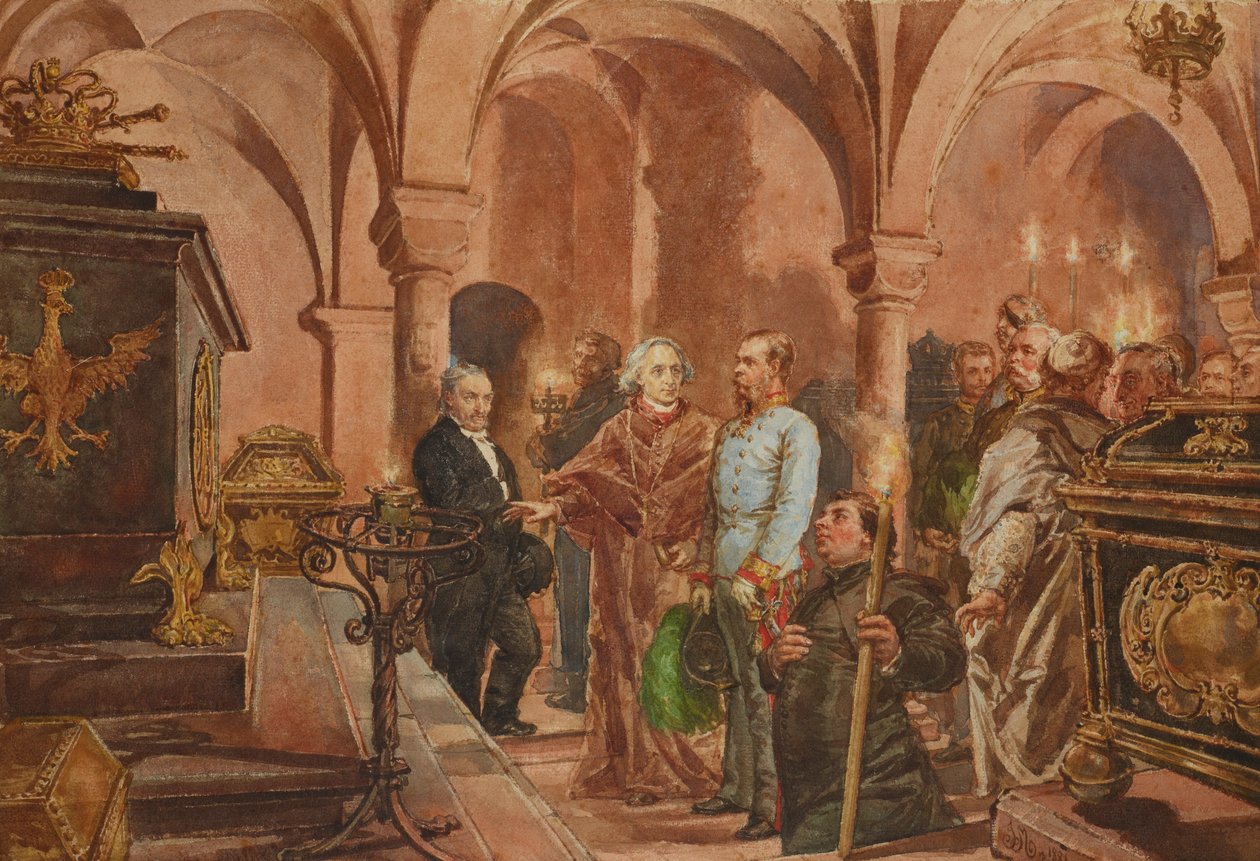 Polish: Cesarz przed sarkofagiem króla Jana III Sobieskiego w krypcie św. Leonarda w katedrze na Wawelu autorstwa Jan Matejko