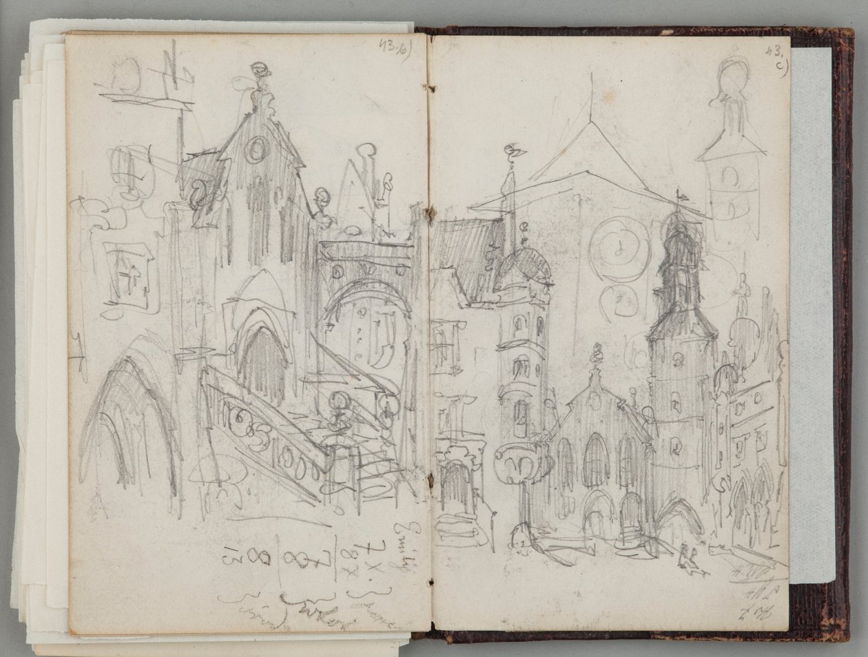 Szkicownik monachijski Jana Matejki. Rysunek jednostronny. Awers: studium dawnego Marienplatz w Monachium i studium wież. autorstwa Jan Matejko