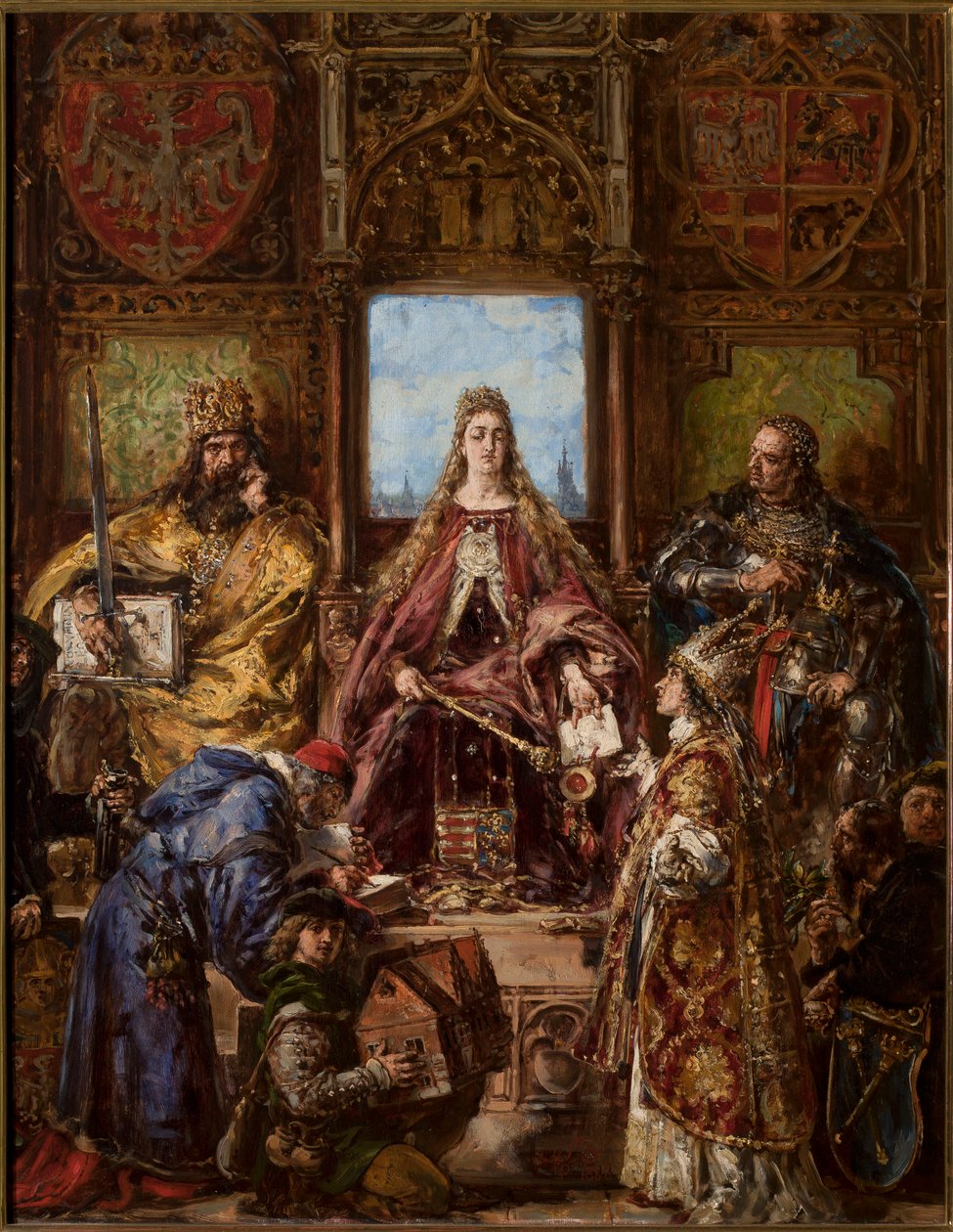 Założenie szkoły głównej przeniesieniem do Krakowa ugruntowane. R.P. 1361-1399-1400 autorstwa Jan Matejko