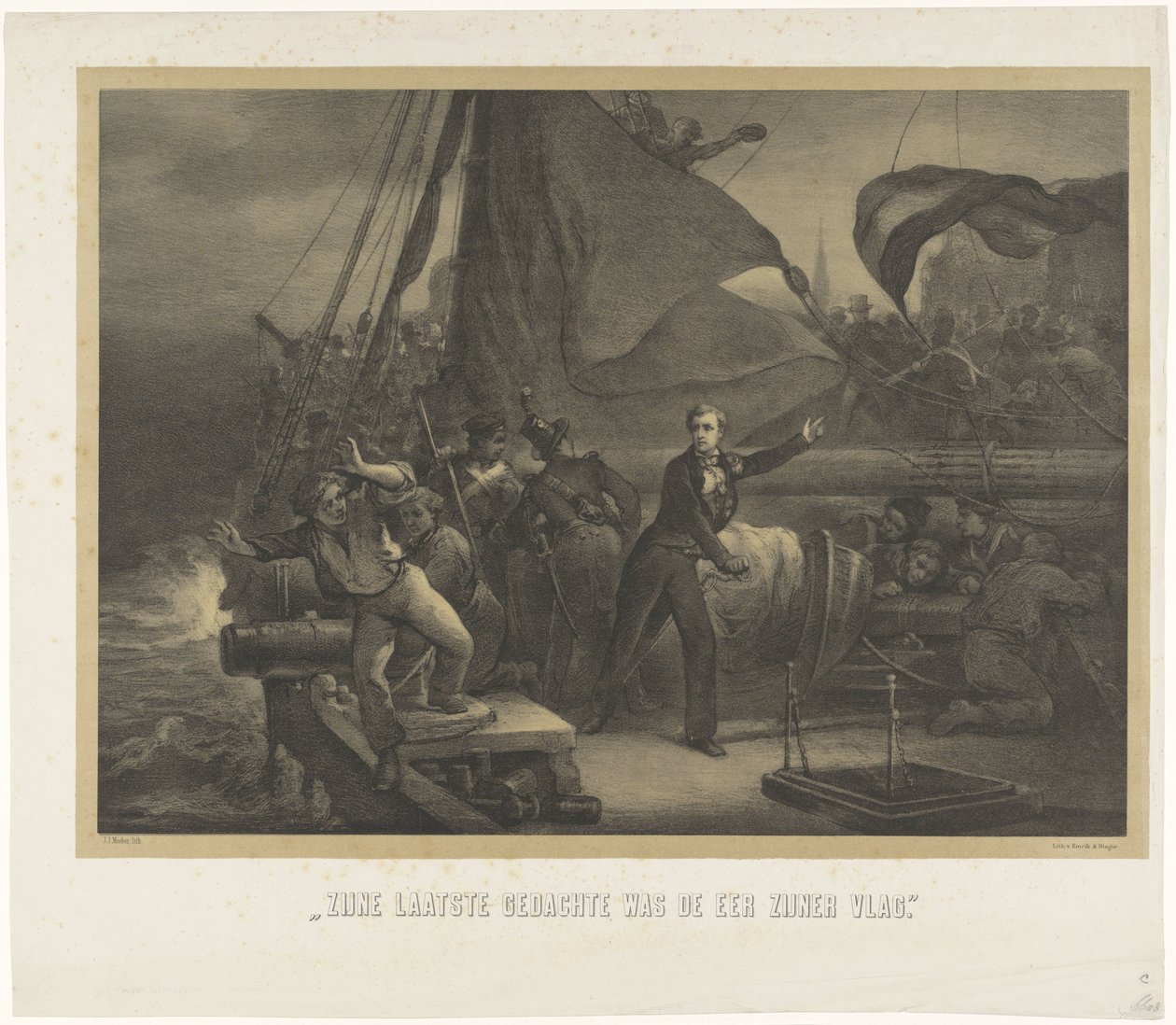Jan van Speijk ma zamiar rzucić lont w ładowni, 1831 Jego ostatnią myślą był honor jego flagi (tytuł na przedmiocie) autorstwa Jan Mesker