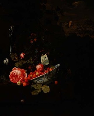 Martwa natura z poziomkami, różą i szklaną butelką, 1690 autorstwa Jan Mortel