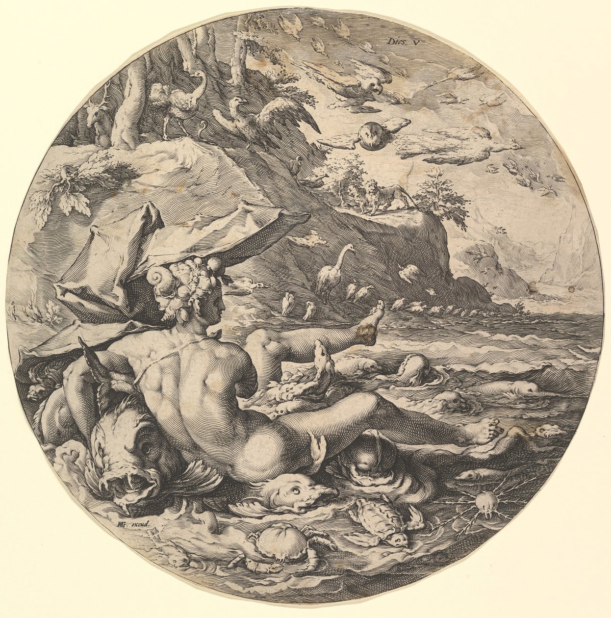 Dzień piąty umiera V, z cyklu Stworzenie świata, ca. 1597. autorstwa Jan Muller