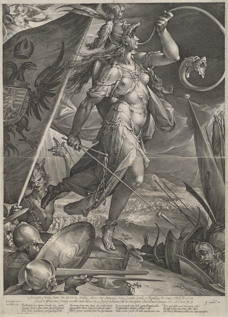 Bellona dowodząca armią cesarską przeciwko Turkom autorstwa Jan Muller after Bartholomaeus Spranger