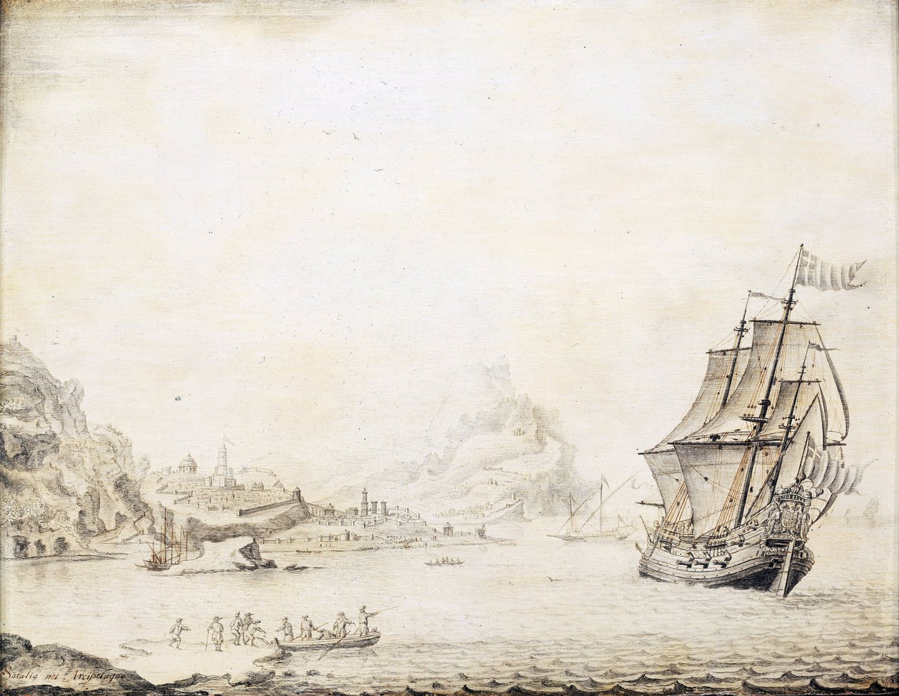 Brytyjski statek u wybrzeży Satalii (Turcja) w 1677 roku, otoczony skalistym wybrzeżem ze starożytnymi murami miejskimi i minaretami. Olej na drewnie autorstwa Jan Peeters