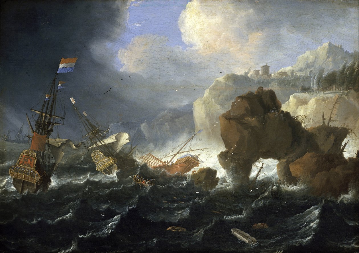 Holenderski statek i galeon osiadły na mieliźnie na skalistym wybrzeżu podczas sztormu. Olej na drewnie, autor: Jan Peeters (1624-1677). autorstwa Jan Peeters