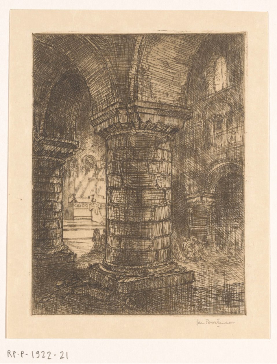 Leżący mnich w kościele autorstwa Jan Poortenaar (signed by artist)