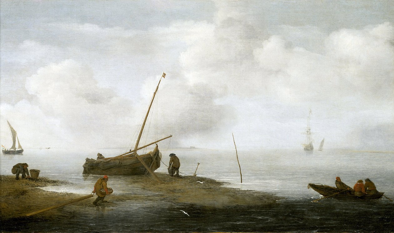 Połów małży, łódź rybacka na brzegu i trzech mężczyzn zajętych zbieraniem małży do koszy. Olej na płótnie, 1622, autor: Jan Porcellis (1580-1632). autorstwa Jan Porcellis