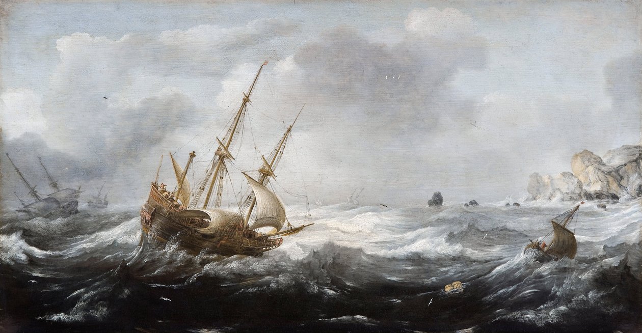 Statki podczas burzy na skalistym wybrzeżu - Peinture de Jan Porcellis (1582/5-1632) - 1614-1618 - Olej na drewnie - 35x67 - Hallwylska Museet, Sztokholm autorstwa Jan Porcellis