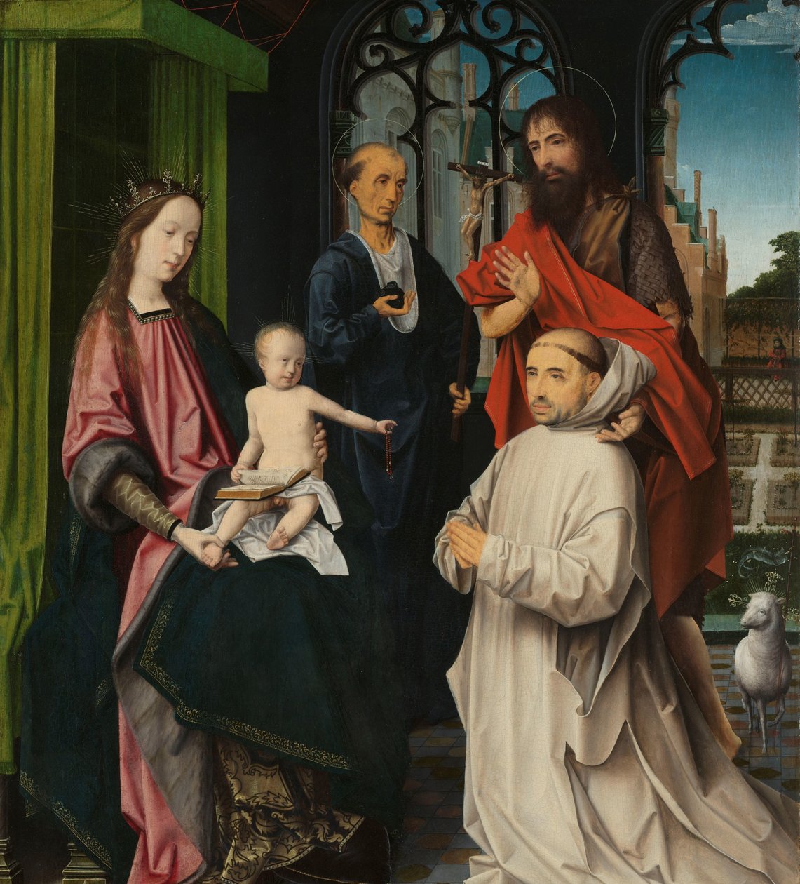 Intronizowana Dziewica z Dzieciątkiem, ze świętymi Hieronimem i Janem Chrzcicielem oraz kartuzyjskim mnichem Intronizowana Madonna ze świętymi Hieronima i Janem Chrzcicielem oraz klęczącym mnichem kartuzem autorstwa Jan Provoost (attributed to)