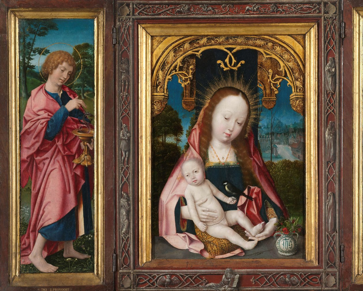 Tryptyk z Matką Boską z Dzieciątkiem, św. Janem Ewangelistą (lewe skrzydło) i Marią Magdaleną (prawe skrzydło) autorstwa Jan Provoost