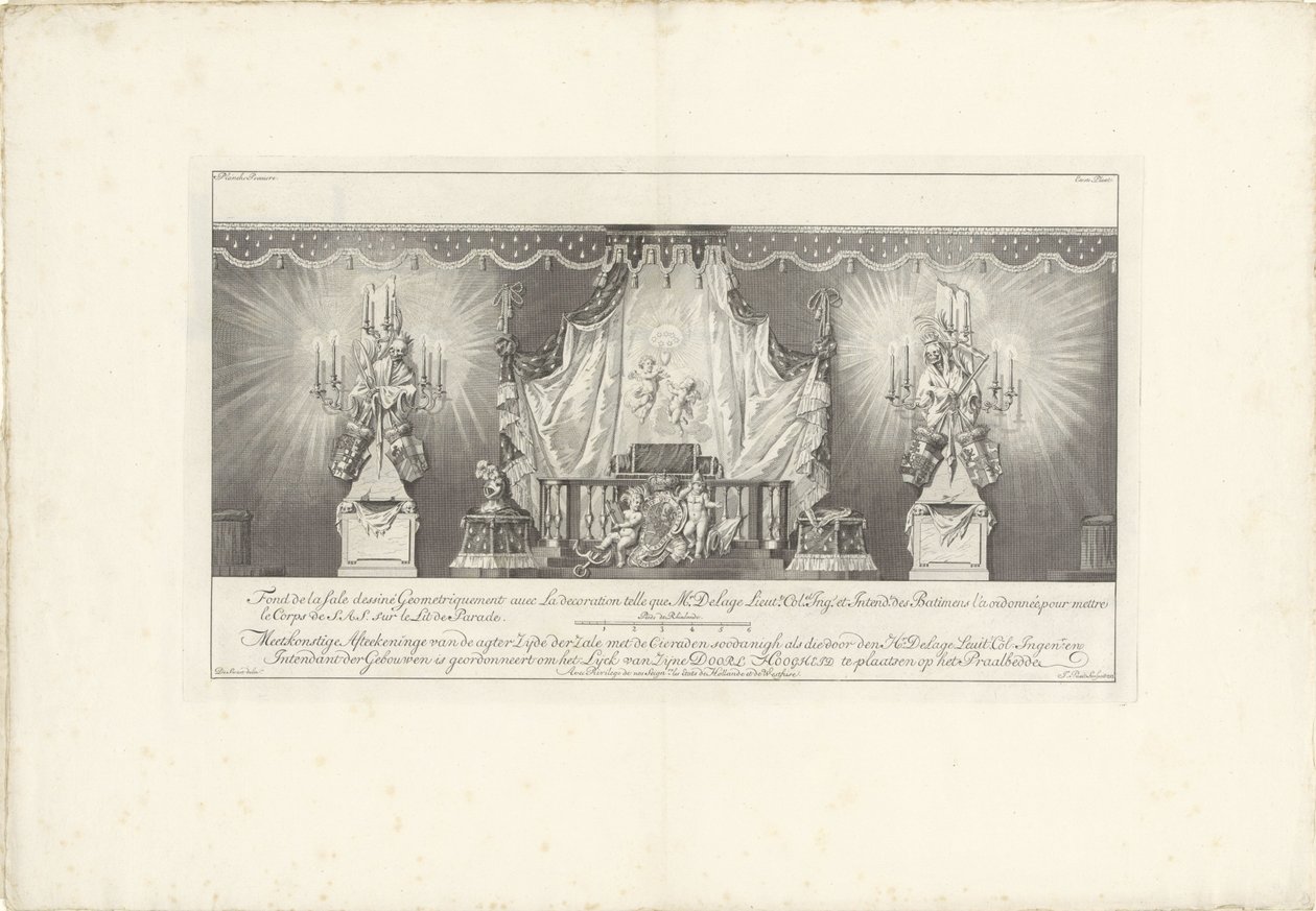 Tył sali z majestatem księcia Wilhelma IV, 1751 Fond de la sale dessiné Geometriquement (...) / Meetkonstige Afteekeninge pleców Zijde der Zale z Cieraden soodanigh jak te autorstwa den Hr. Delage Leuit. Pułkownik: Ingen.r i Intendant autorstwa Jan Punt