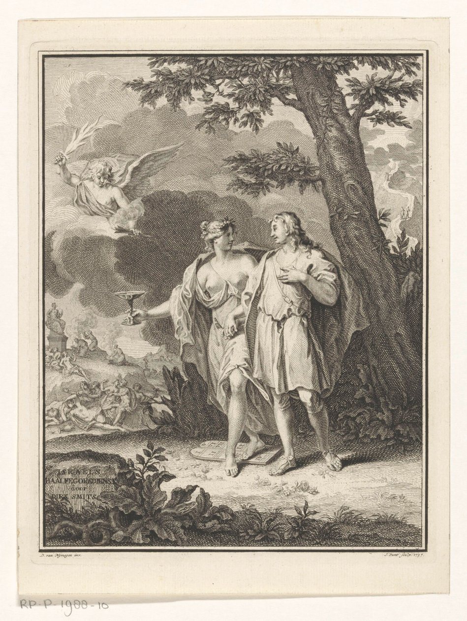 Pożądanie uwodzi młodego mężczyznę Strona tytułowa dla: Dirk Smits, Israëls Baalfegorsdienst, czyli Ukarane pożądanie, 1737 autorstwa Jan Punt
