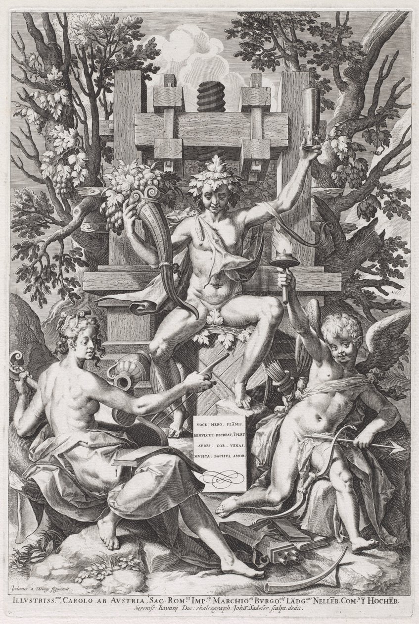Bachus siedzący na beczce między Amorem a muzyką autorstwa Jan Sadeler I, after Joos van Winghe