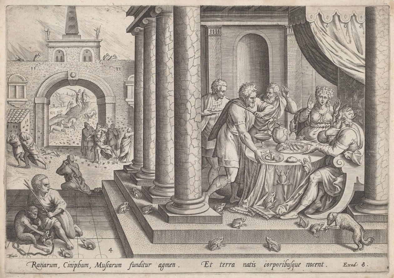 Plaga żab autorstwa Jan Sadeler I, after Maarten van Cleef