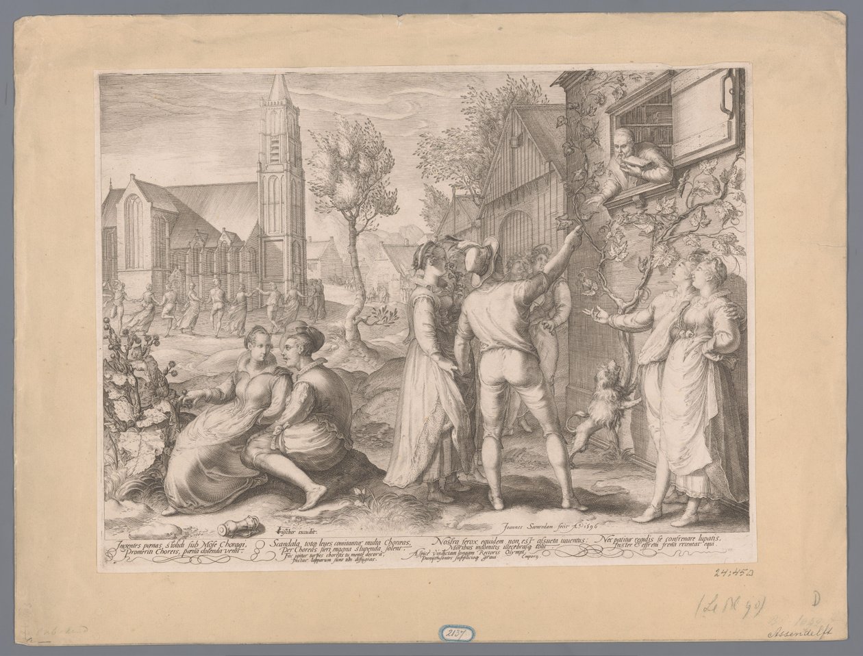 Jonge paren die poulet maken en dansen, 1596 Ogromny chleb stolich pod Mojżesza Choragi Mereriti Chorei, chleb stał się żałosny (...) (tytuł na obiekcie) autorstwa Jan Saenredam