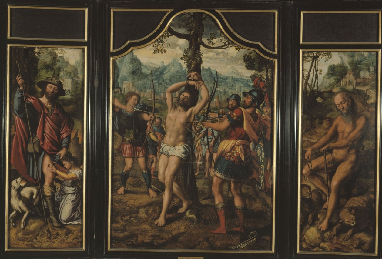 Tryptyk Męczeństwo Świętego Sebastiana (środkowy panel): Święty Roch (lewy panel), Święty Onufry (prawy panel), Święty Piotr (rewers prawego panelu), Święty Szczepan (rewers lewego panelu), między 1525 a 1566 (olej) autorstwa Jan Sanders van Hemessen