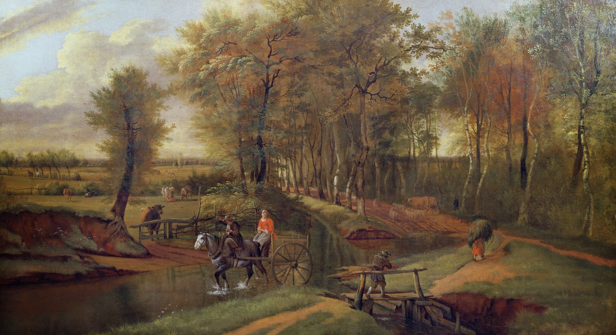 Zalesiony krajobraz rzeczny z postaciami, koniem i wozem, 1692 autorstwa Jan Siberechts