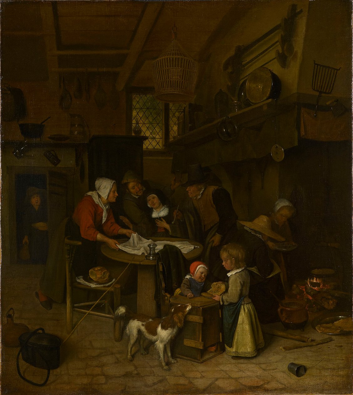 Scena w chłopskiej kuchni z sługą układającym ścierki autorstwa Jan Steen