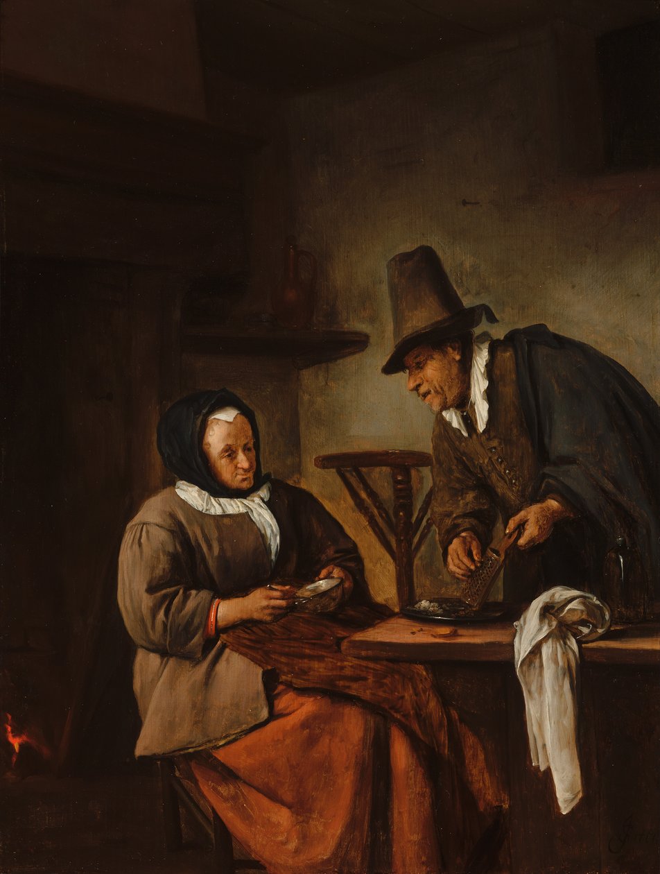 Starsza para przygotowująca gorący napój autorstwa Jan Steen