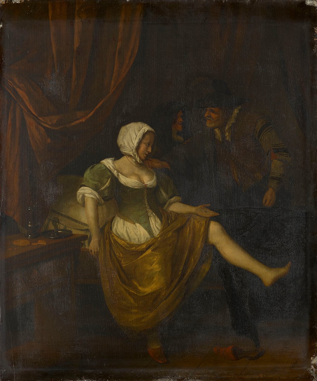 Scena w burdelu ze starszym mężczyzną dającym pieniądze dziewczynie autorstwa Jan Steen