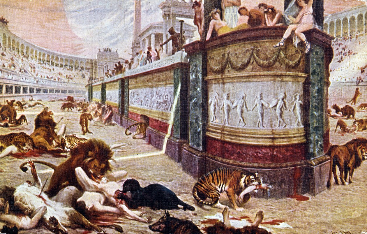 Pocztówka przedstawiająca krwawe igrzyska na arenie w Rzymie, ilustracja z „Quo Vadis”, 1910 autorstwa Jan Styka