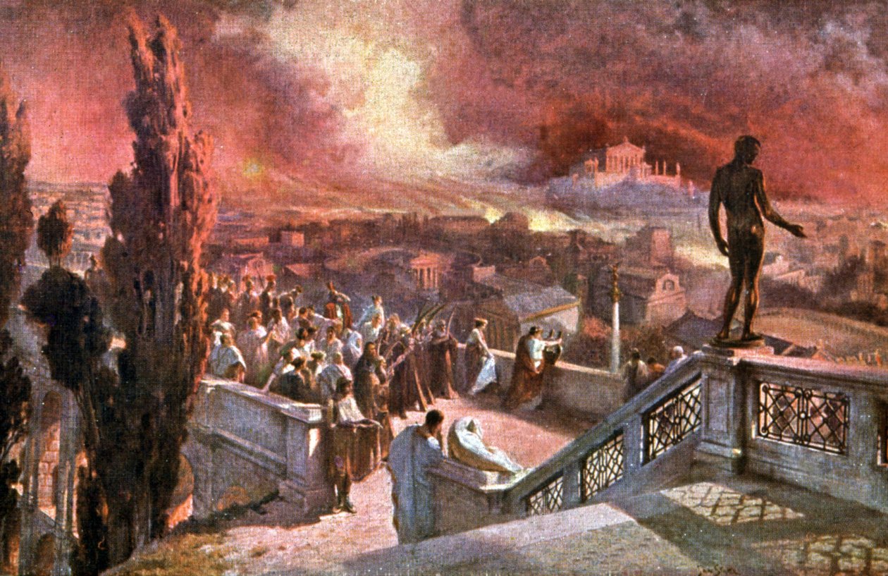 Rzymski cesarz Neron grający muzykę i patrzący na pożar Rzymu autorstwa Jan Styka