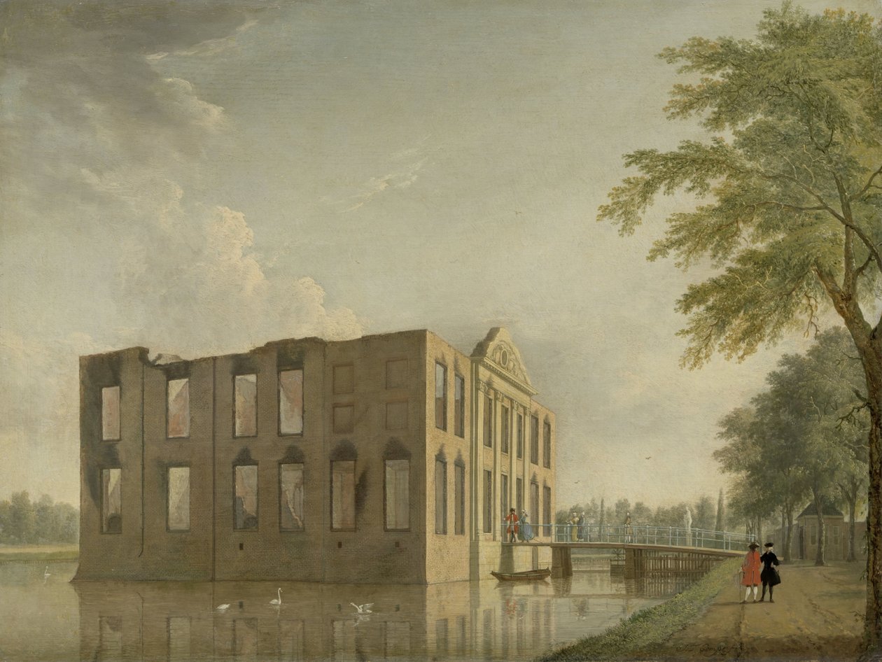 Zamek Berckenrode w Heemstede po pożarze Zamek Berkenrode, Heemstede, po pożarze w dniach 4-5 maja 1747 r.: widok z boku autorstwa Jan Ten Compe
