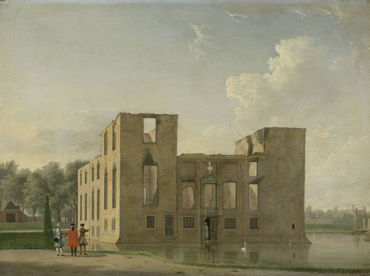 Widok z tyłu zamku Berckenrode w Heemstede po pożarze Zamek Berkenrode, Heemstede, po pożarze w dniach 4-5 maja 1747 r.: widok z tyłu autorstwa Jan Ten Compe