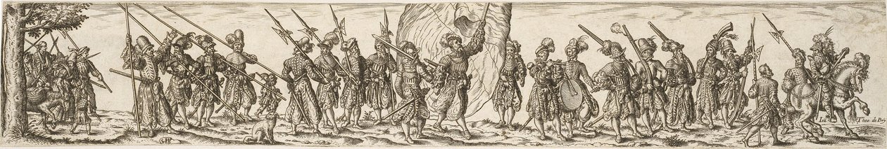 Pociąg żołnierski, pośrodku chorąży autorstwa Jan Theodor de Bry