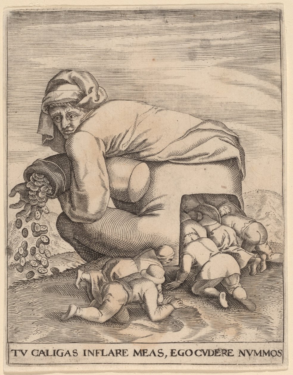 Człowiek z workiem pieniędzy i jego pochlebcami autorstwa Jan Theodor de Bry after Pieter Bruegel the Elder