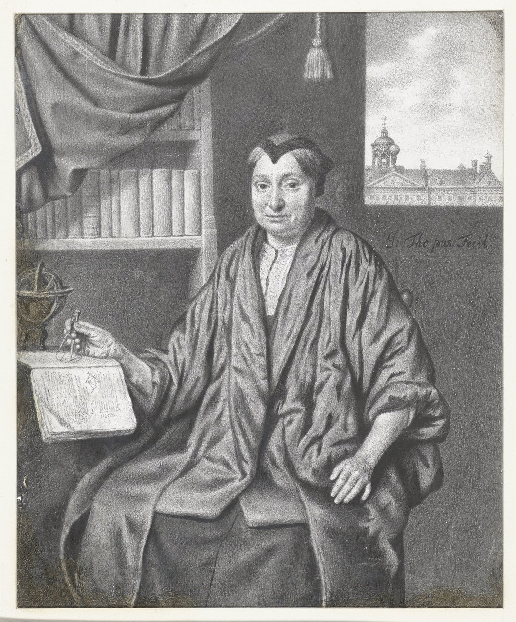 Portret starszej kobiety siedzącej z instrumentami astronomicznymi autorstwa Jan Thopas