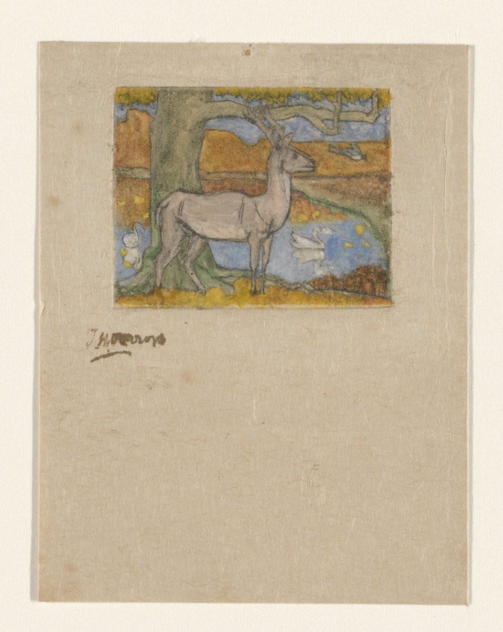Jeleń w pobliżu drzewa przed stawem Jeleń przy drzewie (tytuł oryginalny) autorstwa Jan Toorop (signed by artist)