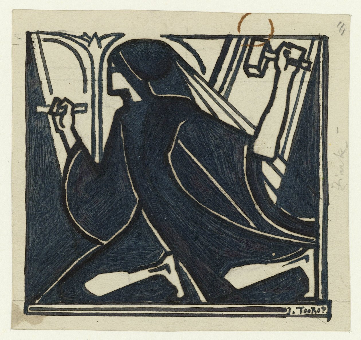Klęcząca postać z młotkiem i dłutem autorstwa Jan Toorop (signed by artist)