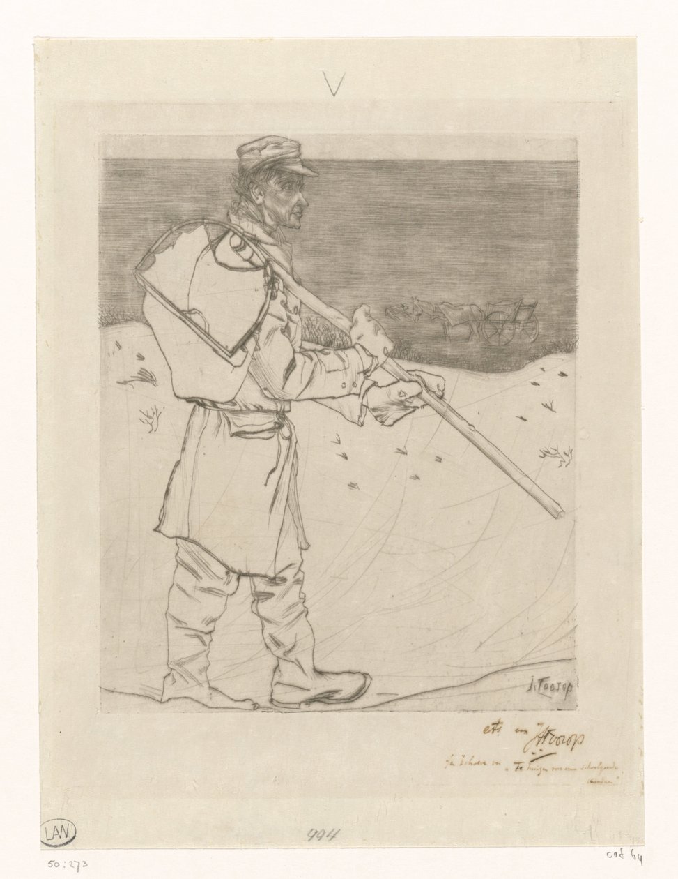 Rybak z muszli z siatką na plaży w Katwijk aan Zee Rybak muszlowy (tytuł oryginalny) autorstwa Jan Toorop (signed by artist)