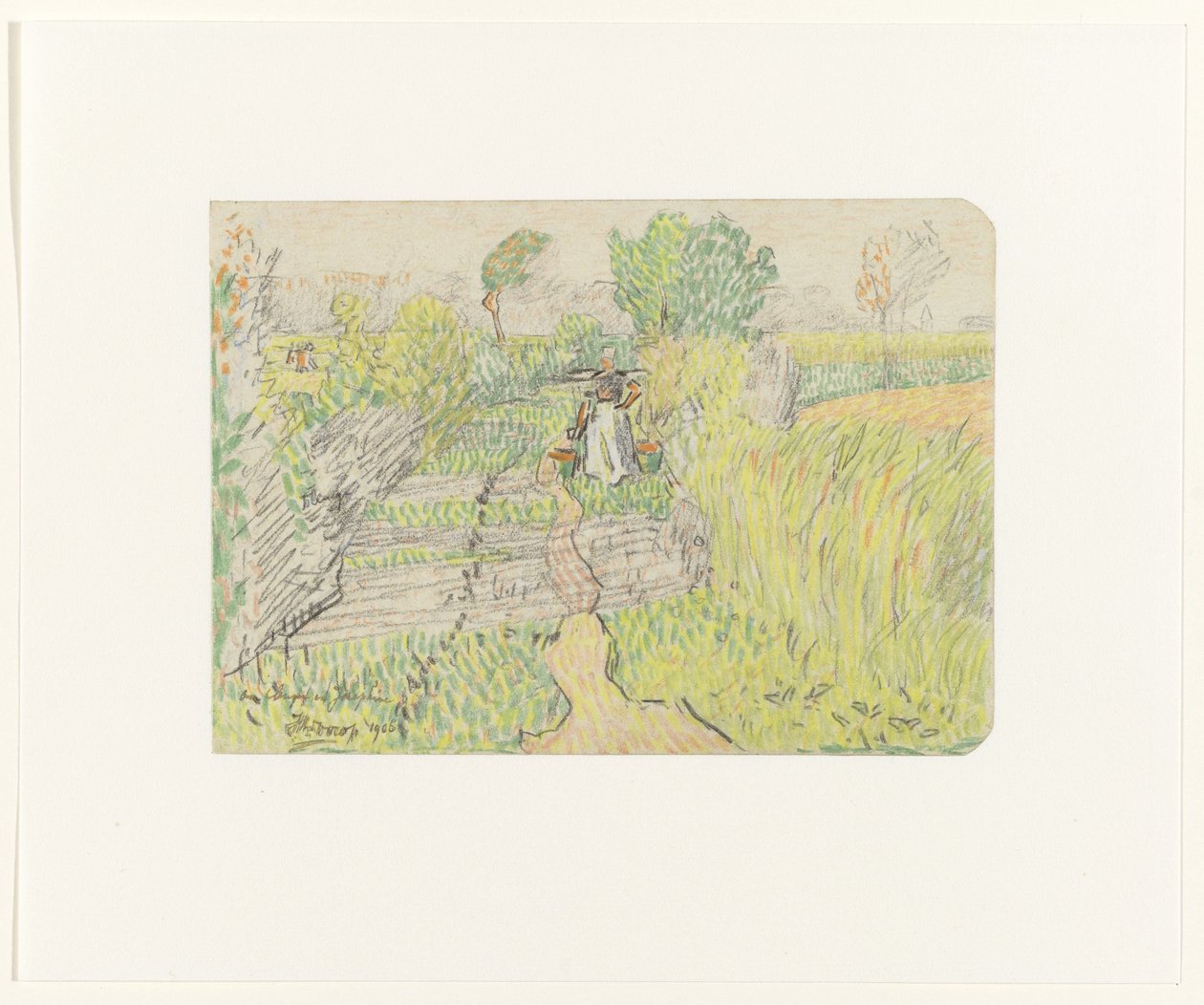 Chłopka z jarzmem z wiadrami na mleko na ramionach, idąca przez pole kukurydzy autorstwa Jan Toorop