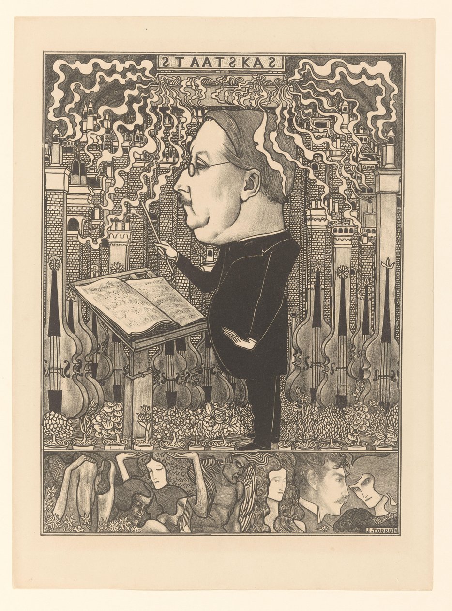 Dyrygent ze skrzypcami i dymiącymi kominami z tyłu Skarb Państwa / Miasta Ognisk (tytuł oryginalny) autorstwa Jan Toorop