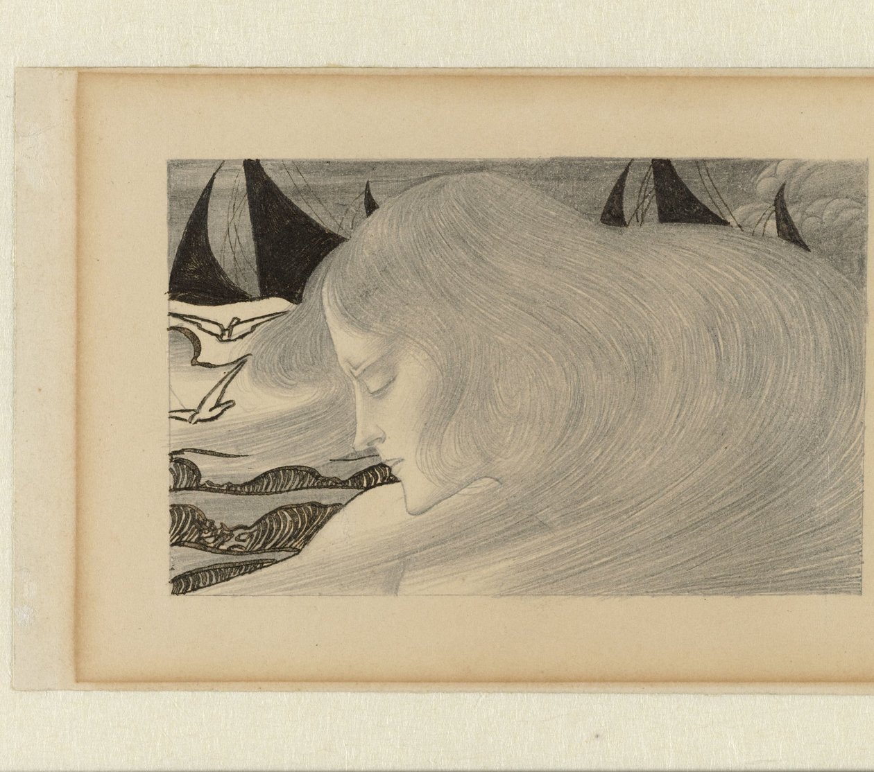Młoda kobieta z falującymi włosami nad morzem ze statkami autorstwa Jan Toorop