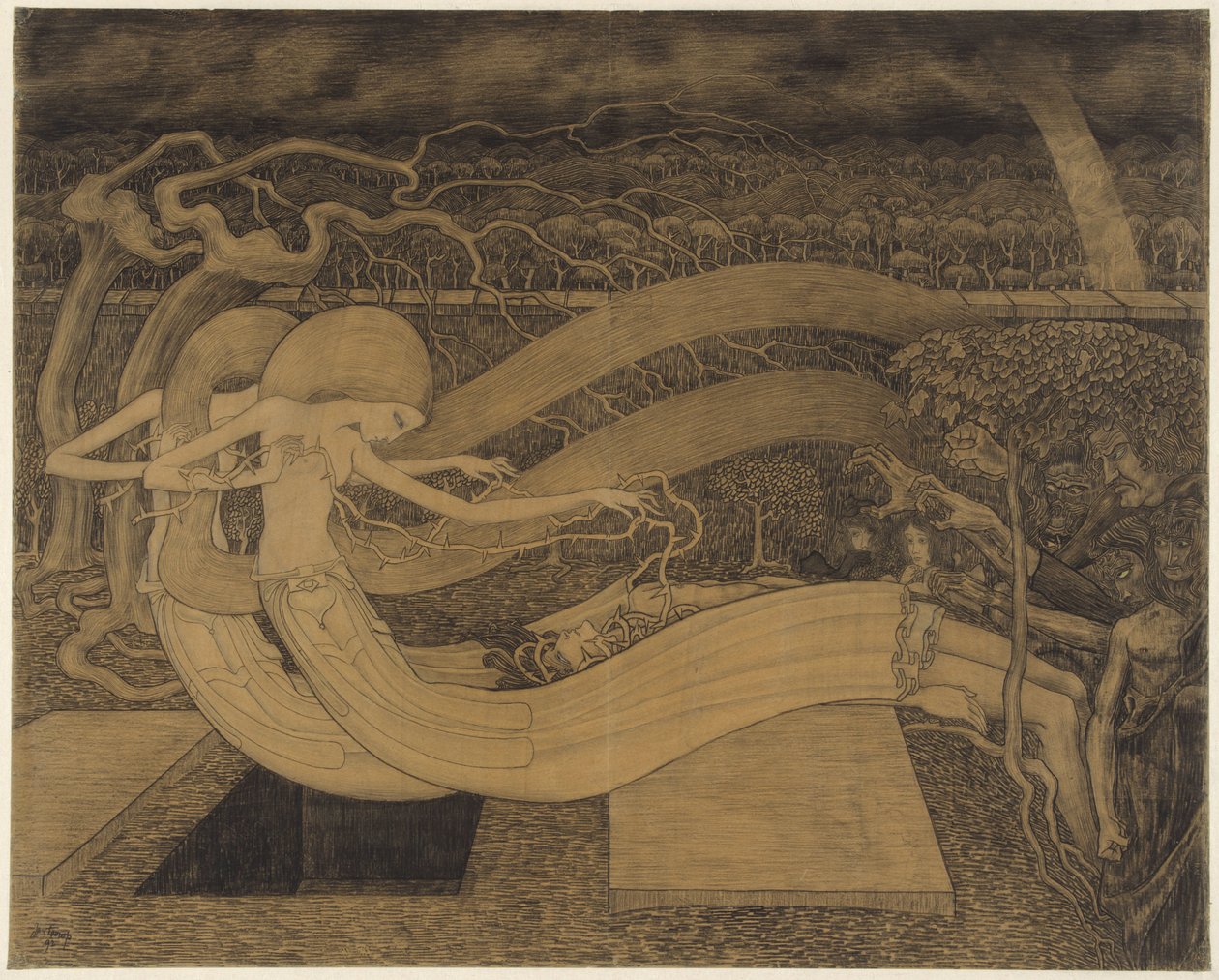 O Grób, gdzie jest Twoje Zwycięstwo? Dwie kobiety obok mężczyzny i otwarty grób O grób, gdzie twoje zwycięstwo? autorstwa Jan Toorop